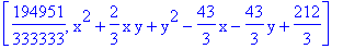 [194951/333333, x^2+2/3*x*y+y^2-43/3*x-43/3*y+212/3]